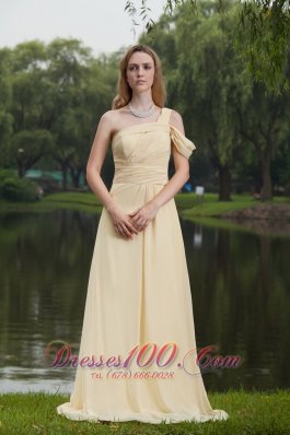 Drapped Sleeve Light Yellow Prom Gown One Shoulder