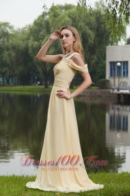 Drapped Sleeve Light Yellow Prom Gown One Shoulder