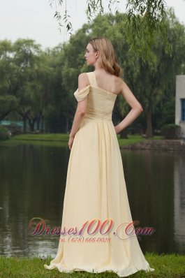 Drapped Sleeve Light Yellow Prom Gown One Shoulder