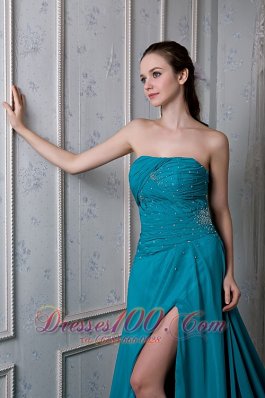 Sexy Slit Court Teal Chiffon Evening Dress Beaded