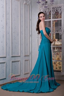 Sexy Slit Court Teal Chiffon Evening Dress Beaded