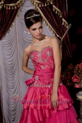 Hot Pink Beaded Brush Train Prom Evening Dress Layered