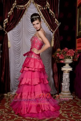 Hot Pink Beaded Brush Train Prom Evening Dress Layered