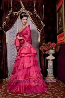 Hot Pink Beaded Brush Train Prom Evening Dress Layered