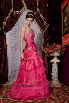 Hot Pink Beaded Brush Train Prom Evening Dress Layered