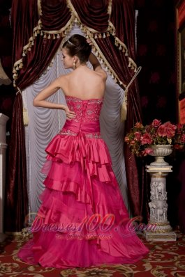 Hot Pink Beaded Brush Train Prom Evening Dress Layered