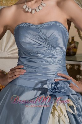 Beaded Light Blue Quinceanera Gown with Hand Made Flower