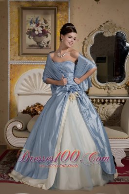 Beaded Light Blue Quinceanera Gown with Hand Made Flower