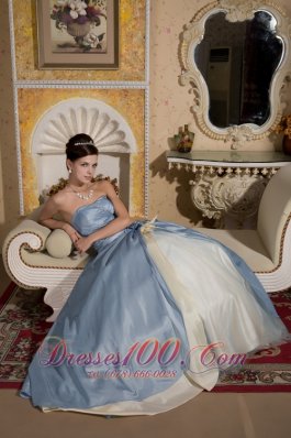 Beaded Light Blue Quinceanera Gown with Hand Made Flower