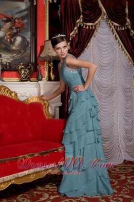 Brush Baby Blue Beading Prom Evening Dress One Shoulder