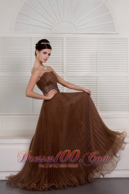 Accordion Like Sashed Brown Organza Prom Evening Dress