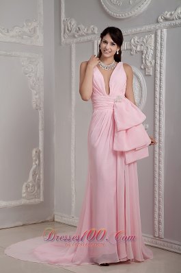 V-neck Straps Bow Prom Evening Dress with Beadwork Court Train