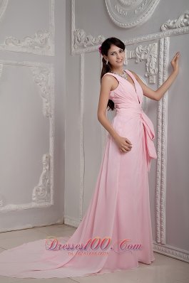 V-neck Straps Bow Prom Evening Dress with Beadwork Court Train