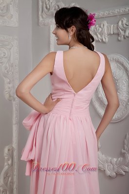 V-neck Straps Bow Prom Evening Dress with Beadwork Court Train