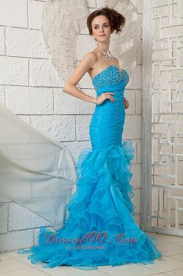 Mermaid Sky Blue Prom Gown 2013 Organza Brush Beaded