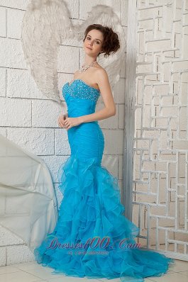 Mermaid Sky Blue Prom Gown 2013 Organza Brush Beaded