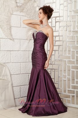 Brush Dark Purple Prom Dress Taffeta Mermaid Ruched