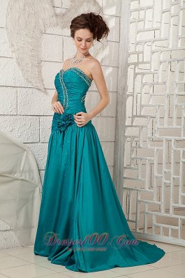 Ruched High Slit Turquoise Prom Dress with Brush Beading