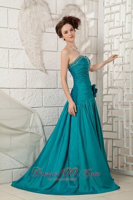 Ruched High Slit Turquoise Prom Dress with Brush Beading