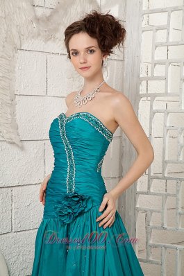 Ruched High Slit Turquoise Prom Dress with Brush Beading