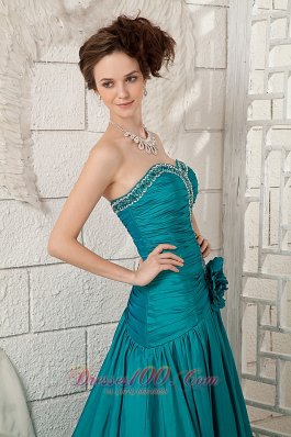 Ruched High Slit Turquoise Prom Dress with Brush Beading