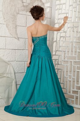 Ruched High Slit Turquoise Prom Dress with Brush Beading