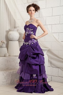 Brush Pick-ups Purple Prom Dress Layered Applique