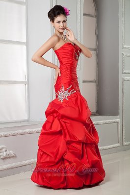 Red Taffeta Mermaid Beading Prom Gown Ruched Pick-up