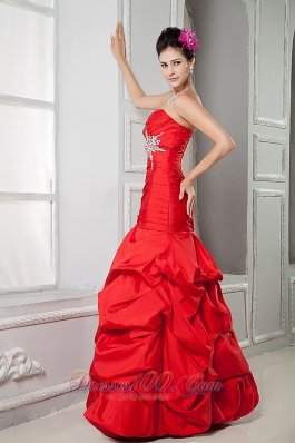 Red Taffeta Mermaid Beading Prom Gown Ruched Pick-up