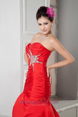 Red Taffeta Mermaid Beading Prom Gown Ruched Pick-up