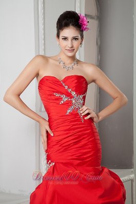 Red Taffeta Mermaid Beading Prom Gown Ruched Pick-up