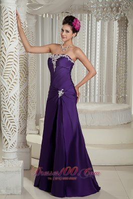 Column Purple Brush Satin Prom Dress with Appliques