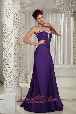 Column Purple Brush Satin Prom Dress with Appliques