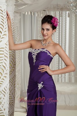 Column Purple Brush Satin Prom Dress with Appliques