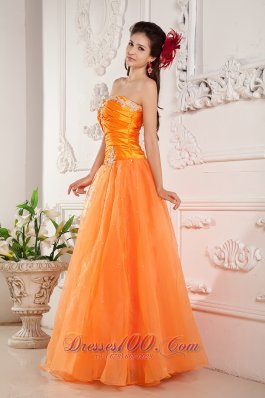 A-line Prom Evening Dress Orange Organza Appliques