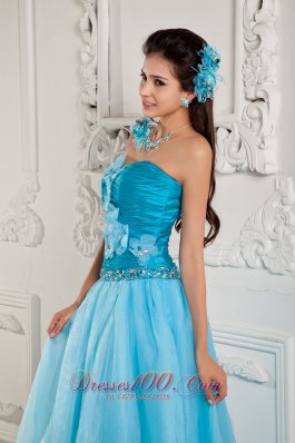 Handmade Flower Teal Ruched Prom Dress 2014 for women