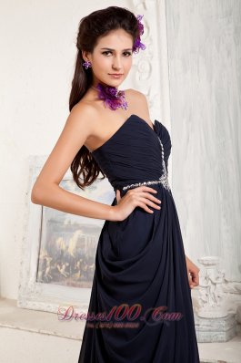 Drapped Texture Navy Blue Evening Dress Beading Train