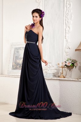 Drapped Texture Navy Blue Evening Dress Beading Train