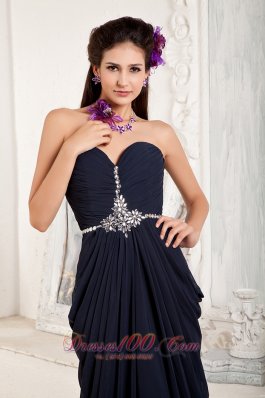 Drapped Texture Navy Blue Evening Dress Beading Train