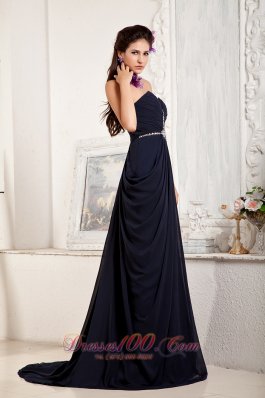 Drapped Texture Navy Blue Evening Dress Beading Train