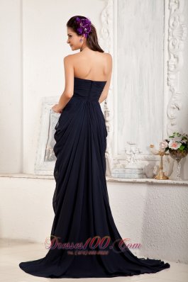 Drapped Texture Navy Blue Evening Dress Beading Train