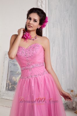 Tulle Empire Rose Pink Sweetheart Prom Dress Beads