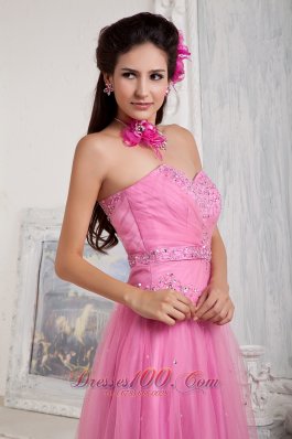 Tulle Empire Rose Pink Sweetheart Prom Dress Beads