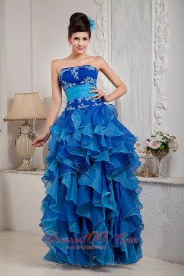 Ruffles Two-toned Blue Organza Prom Dress Appliques