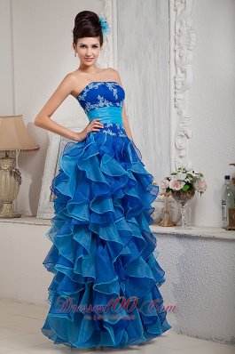 Ruffles Two-toned Blue Organza Prom Dress Appliques