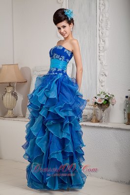 Ruffles Two-toned Blue Organza Prom Dress Appliques