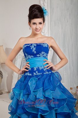 Ruffles Two-toned Blue Organza Prom Dress Appliques