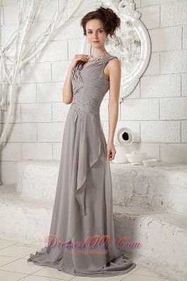 Pleated V-neck Gray Chiffon Brush Prom Dress