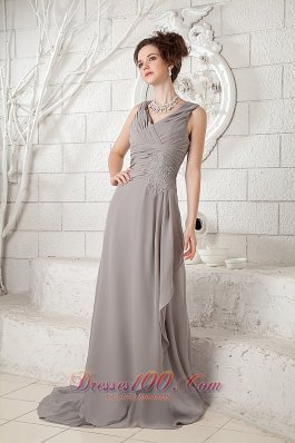 Pleated V-neck Gray Chiffon Brush Prom Dress