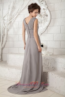 Pleated V-neck Gray Chiffon Brush Prom Dress